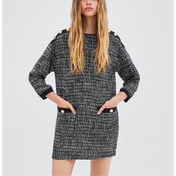 ZARA | TRF Collection Black White Tweed Shift Dress Gold Buttons Mini | Medium - Picture 1 of 16